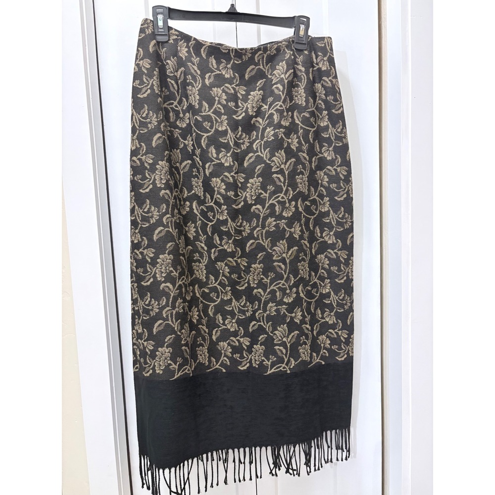 Parisian Signature Floral Tapestry Fringe Maxi Skirt Black Gold Wool Blend 12